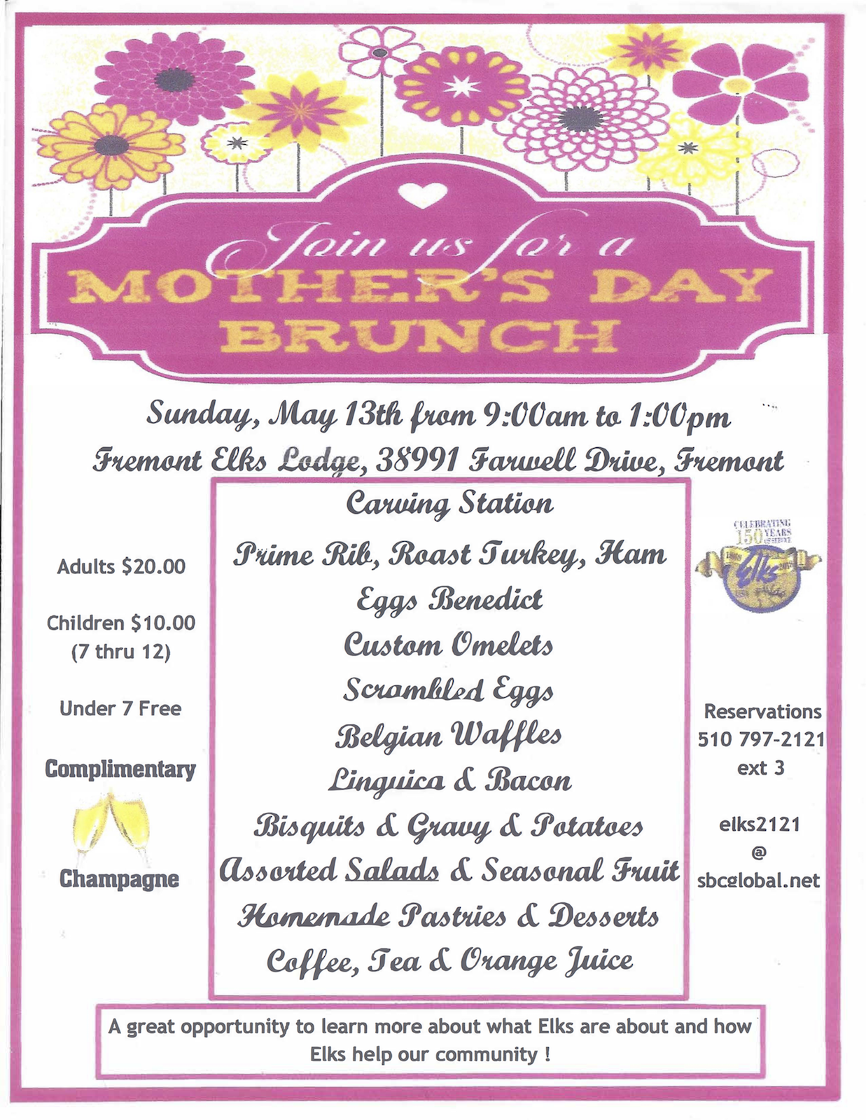 Mother's Day Brunch Fremont Elks Lodge 2121
