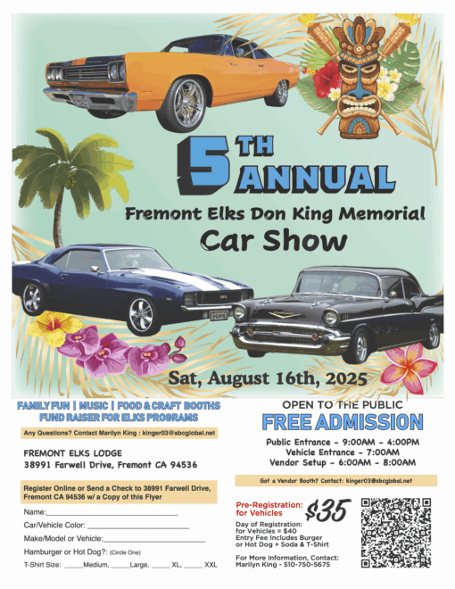 Fremont Elks  - Don King Memorial Car Show - Registration - August 16th, 2025
