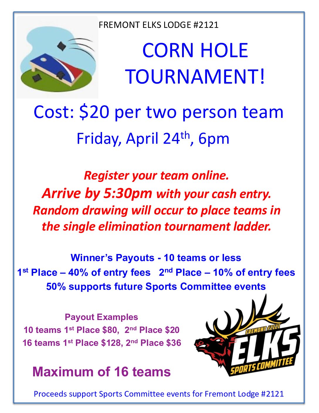 Cornhole Tournament Registration - April 24, 2026