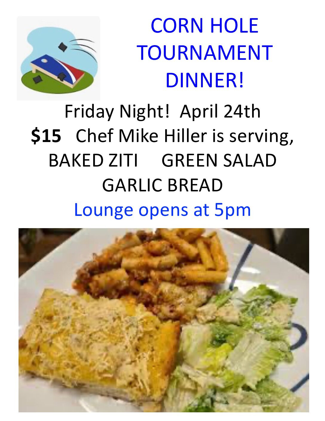 Friday Night Corn Hole Dinner -April 24