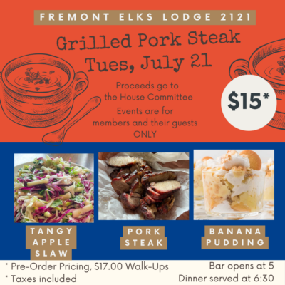 TND- 6/21/26 Grilled Pork Steak Dinner