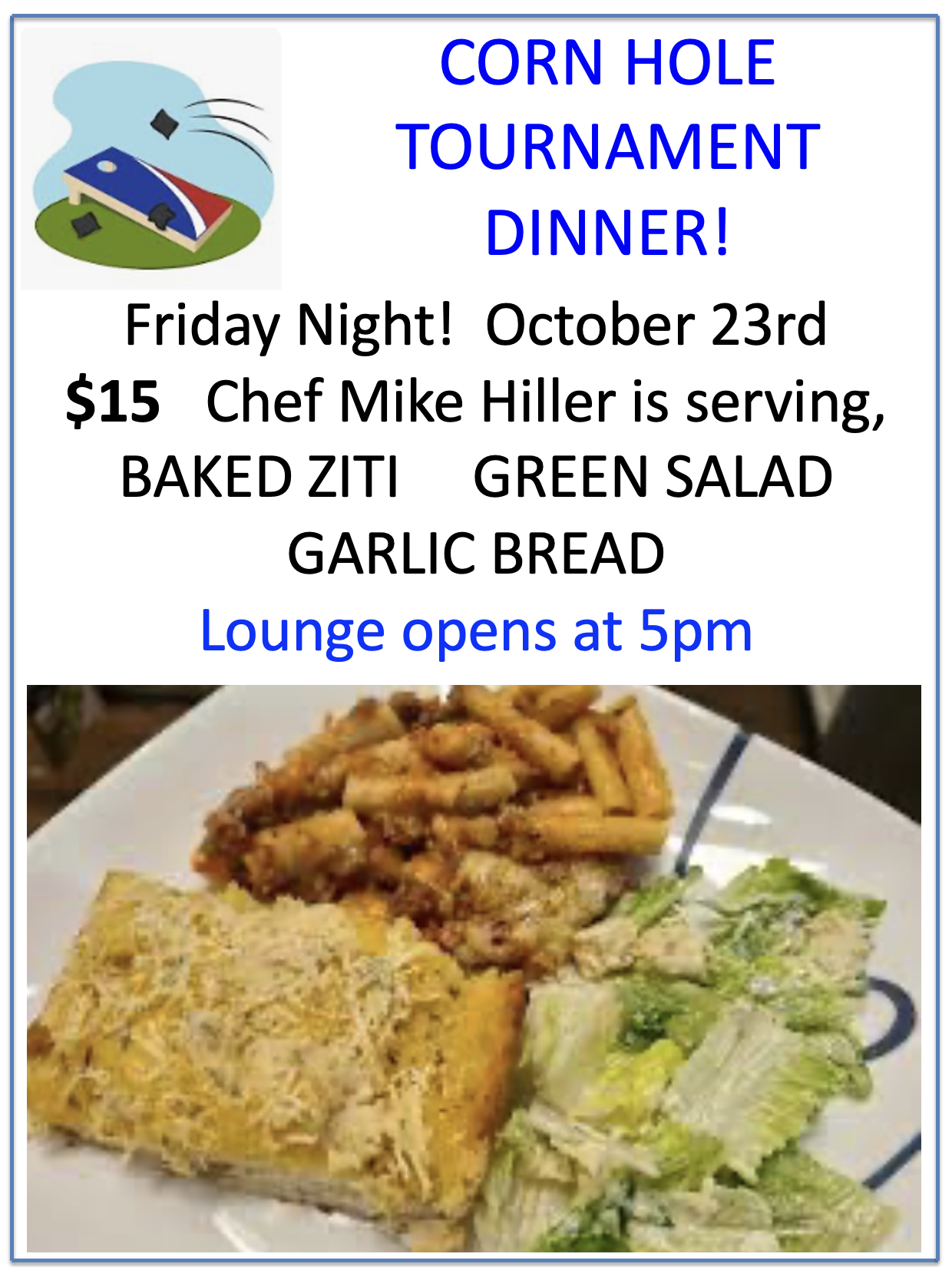 10/23/26 Friday Night Corn Hole Dinner